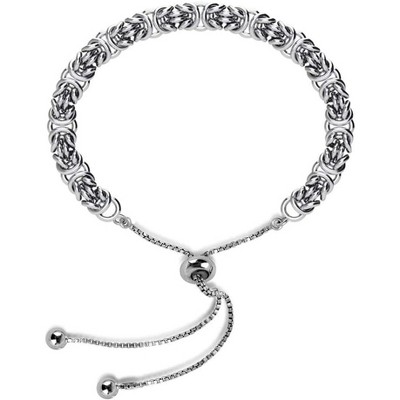 Italian Handmade 925 Sterling Silver Bracelet, Adjustable Sliding Byzantine Bolo Chain for Women