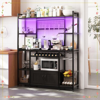 Bakers Rack with Power Outlet and LED Light, 55" Farmhouse Coffee Bar Cabinet