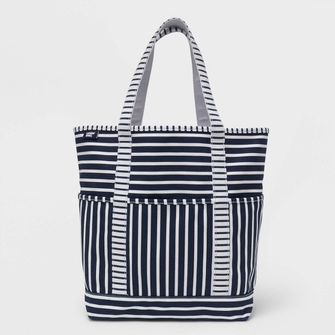 Lands End Women s Striped Canvas Beach Tote Handbag Navy Blue White