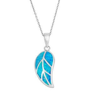 Opalata Sterling Silver Blue Inlay Opal Leaf 18" Pendant Necklace - Blue - 1 of 2