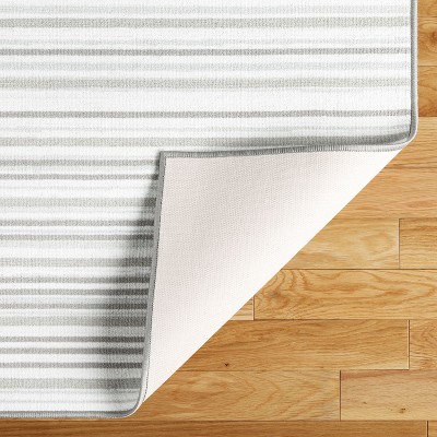 Layne Silver Gray Stripe Washable Synthetic Area Rug 6' x 9'