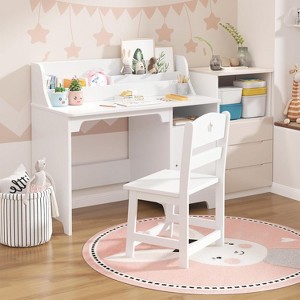 White Kids Desk and Chair Set, Wooden Children Study Table with Hutch, Storage Cabinet - 1 of 4