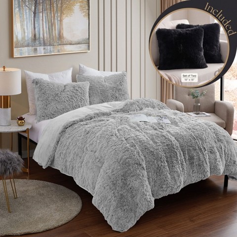 Sweet Home Collections 5 Piece Plush Shaggy Comforter Set Ultra Soft Luxurious Faux Fur & Velvet Bedding with Decorative Pillows, Queen, Silver
