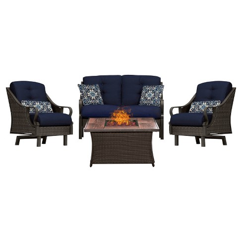 Venture 4pc All Weather Wicker Patio Chat Set W Fire Pit Navy