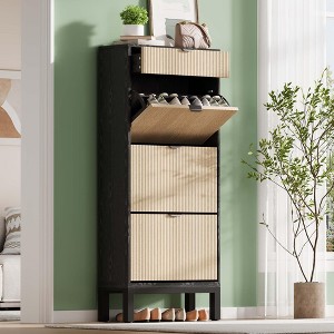 Shoe Cabinet with 3 Flip Doors & 1 Drawer, Modern Fluted Shoe Organizer for Entryway,Hallway(Black+Grey) - 1 of 4