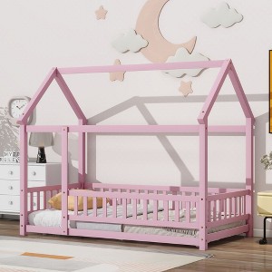 NicBex Twin Size Wood Tent Montessori Bed with House Roof Frame,Floor Bed with Safety Guardrails,Modern Toddler Bed for Bedroom - 1 of 4