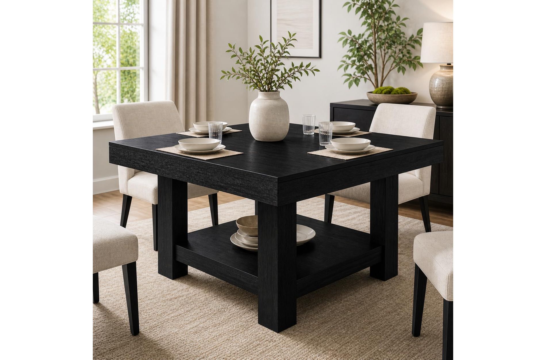 47 Inch Square Black Dining Table with Storage Shelf, Heavy Duty Farmhouse 4-Seater Wooden Dinner Table for Kitchen & Dining Room