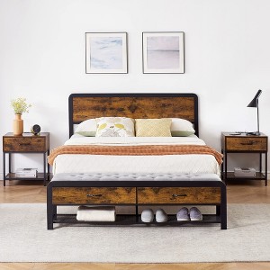GustoWave Rustic Large Bed Frame w/Bench and 2 Storage Drawers, Metal Platform Bed Frame w/Wood Headboard, No Box Spring Needed - 1 of 4