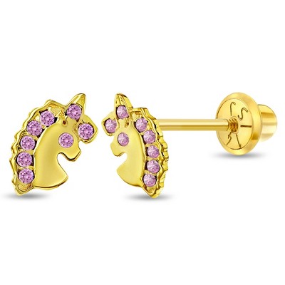 14K Yellow Gold Colorful Unicorn Screw Back Earrings for Young Girls & Preteen, Girl's, Size: Small, Pink