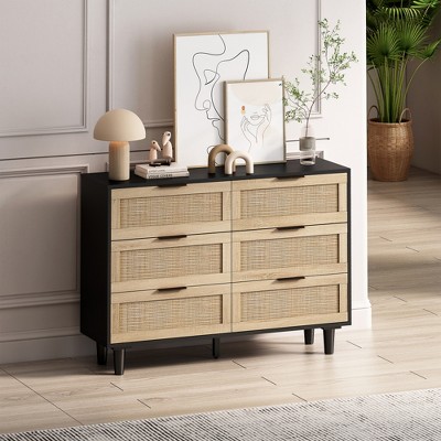 ALEXOUN 43.31" 6 Drawer Wide Farmhouse Chest of Rattan Dresser,Clothes Storage Cabinet with Metal Handle & Wood Legs for Living Room,Bedroom