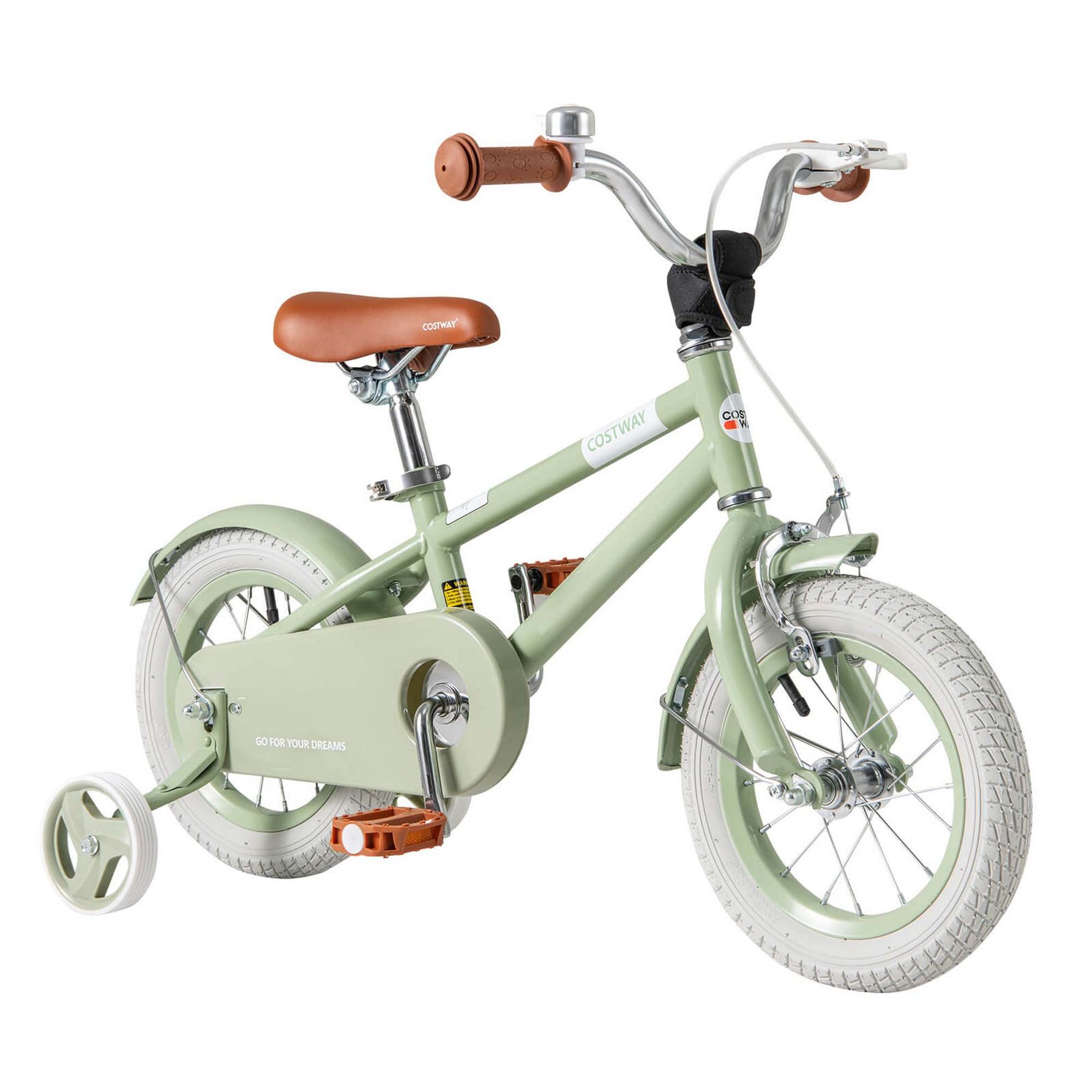 Costway 12" Kids Bike with Adjustable Saddle Handlebar Removable Training Wheels Handbrake Green