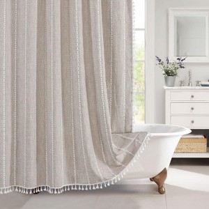 Aoibox Boho Farmhouse Fabric Shower Curtain, Tan Brown Modern Cotton Linen for Vintage Country Bathroom Decor, Tassel Weighted &Thick Waterproof Cloth - 1 of 4
