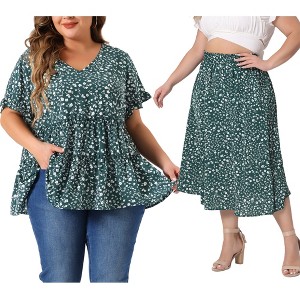 Agnes Orinda Women's Plus Size 2 Pieces Outfits Boho Ditsy Floral Pleated Babydoll Blouses High Waist Midi A Line Skirt Set - 1 of 4