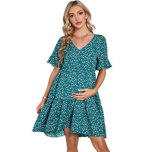 Ruffled Short Sleeve Printed Maternity Babydoll Dress - 1 of 1