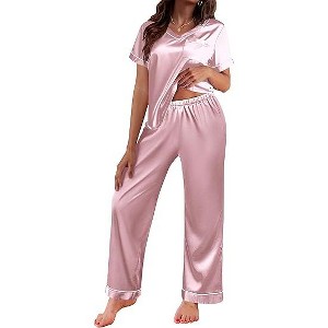 Ekouaer Satin Pajamas for Women Short Sleeve Silk Pajama Sets Soft Sleepwear Top with Causal Long Pj Pant - 1 of 4