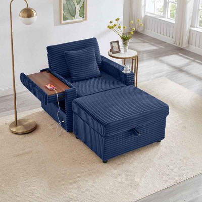 Single Sofa with Storage Ottoman, Multi-Functional Sofa with USB and Foldable Side Table, Corduroy Lazy Sofa with Wood Frame-Coolbibila