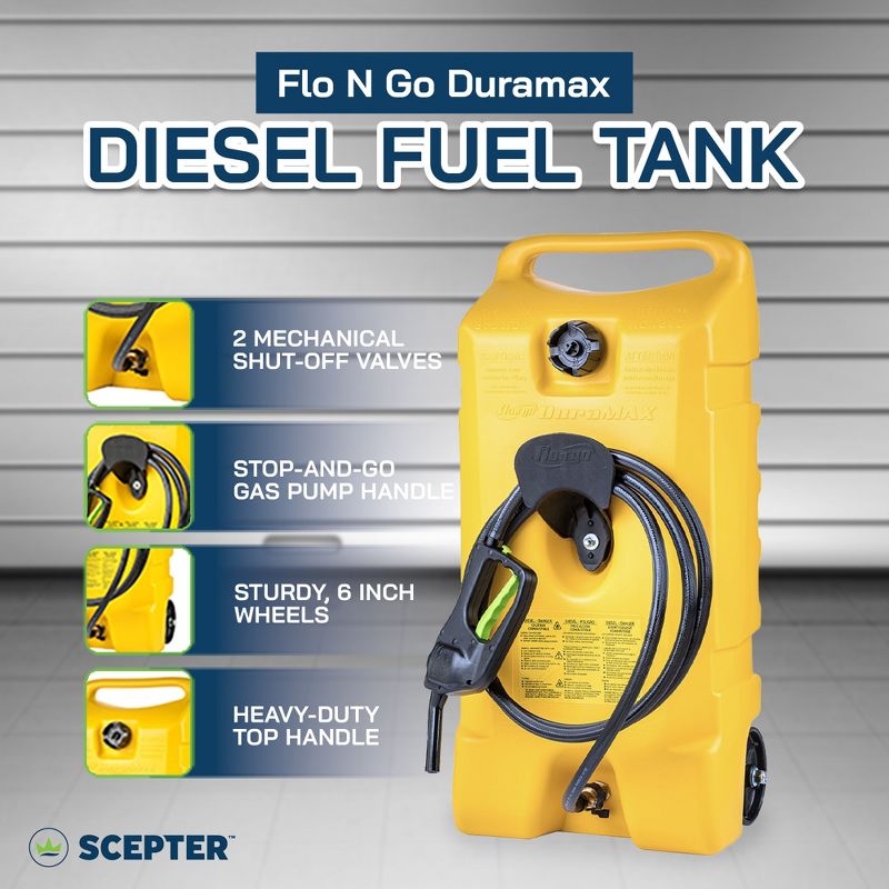 Scepter Flo N' Go Duramax 14 Gallon Portable Diesel Gas Fuel Tank Container Caddy with LE Fluid Transfer Siphon Pump and 10-Foot Long Hose, Yellow, 2 of 7