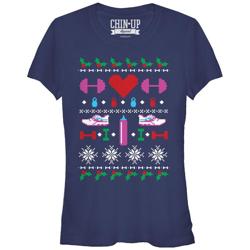 Juniors Womens CHIN UP Ugly Christmas Workout T-Shirt, 1 of 4