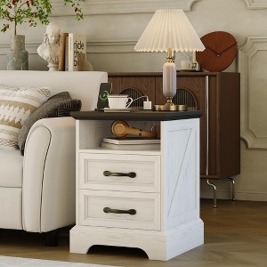 Farmhouse Nightstand with Charging Station, Large Rustic Bedside Table with 2 Drawers & Open Shelf for Bedroom,Living Room - 1 of 4
