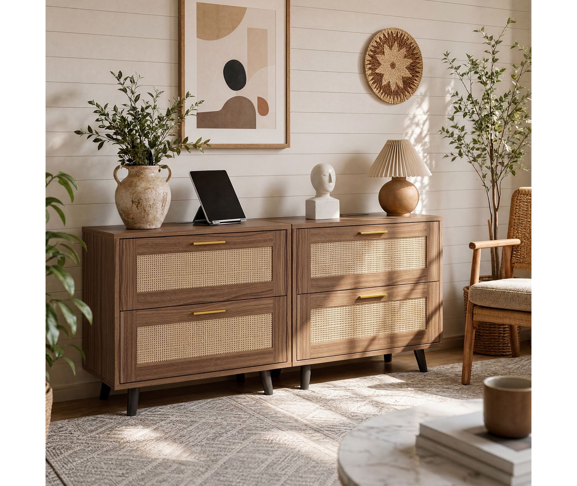 Rattan Nightstand Set of 2, 23.6 Inch Wide Bedside Table with Charging Station and 2 Drawers for Modern Boho Bedroom