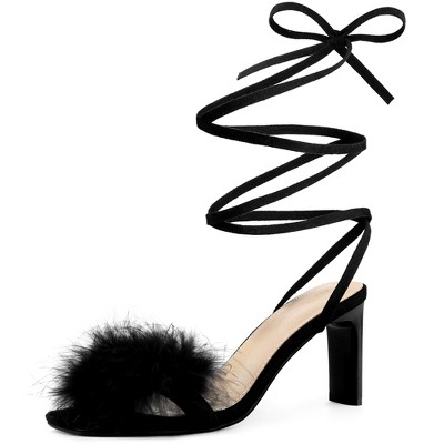 Allegra K Women's Faux Fur Slingback Block Heels Lace Up Sandals Black ...