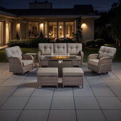 Belord Outdoor Wicker Patio Furniture Set with 43" Propane Fire Pit Table, Swivel Patio Chairs Set with Sofa Couch, Fire Pit Table and Ottoman