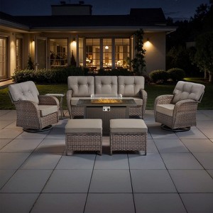 Belord Outdoor Wicker Patio Furniture Set with 43" Propane Fire Pit Table, Swivel Patio Chairs Set with Sofa Couch, Fire Pit Table and Ottoman - 1 of 4