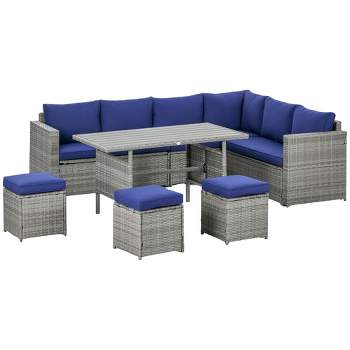 Outsunny 7 Piece Patio Furniture Set, Outdoor L-Shaped Sectional Sofa with 3 Loveseats, 3 Ottoman Chairs, Dining Table, Cushions, Storage, Dark Blue