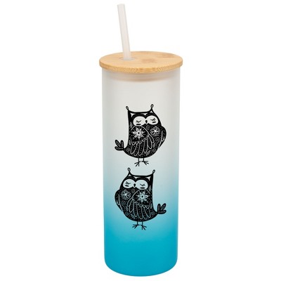 Elanze Designs Garden of Flowers Owl Sky Blue Frosted Gradient Glass Tumbler with Bamboo Lid & Straw 25 ounce Reusable Iced Coffee or Water Cup,