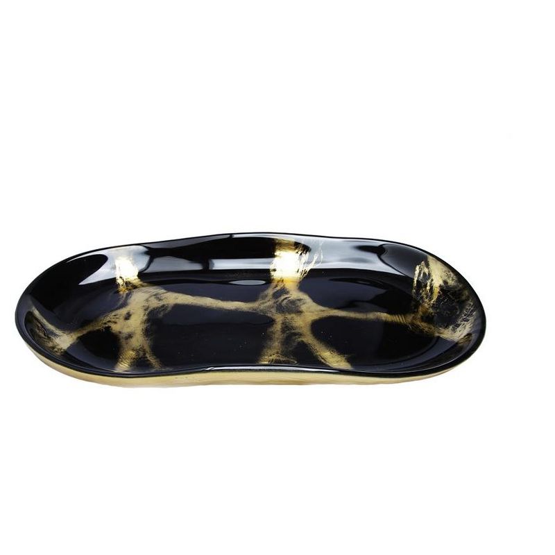 Classic Touch 10.5"L Black and Gold Marbleized Oval Dish, 1 of 5