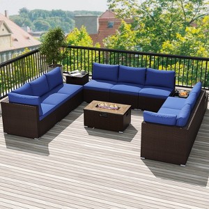 Costway 12 PCS Patio Wicker Sectional Sofa Set with 32” Propane Fire Pit Table Tank Holder Black/Brown/Navy - 1 of 4