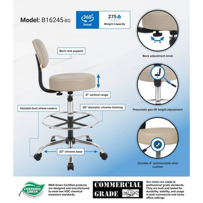 Beige Adjustable Swivel Medical Drafting Stool with Back Cushion