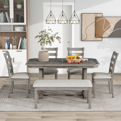 CAVINAS Dining Table Set for 6 Rubber Wood Dining Table Set with Wood Grain Pattern Tabletop Solid Wood Veneer for Kitchen