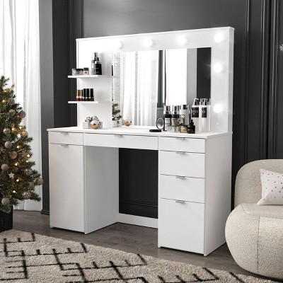 Olivia White Engineered Wood Vanity Table with Lighted Mirror