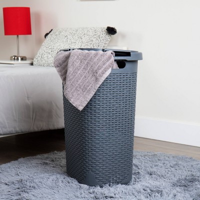Gray Plastic Wicker Laundry Hamper with Lid and Wheels