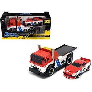 JDM Flatbed Truck #46 Red & White w/Blue & 1972 Datsun 240Z #46 Red and White w/Blue 1/64 Die Cast Models by Muscle Machines - 1 of 3