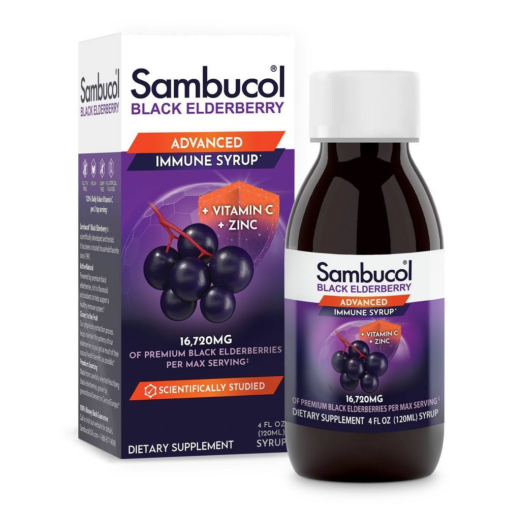 Sambucol Black Elderberry Advanced Vegan Immune Support Syrup with Vitamin C and Zinc - 4 fl oz