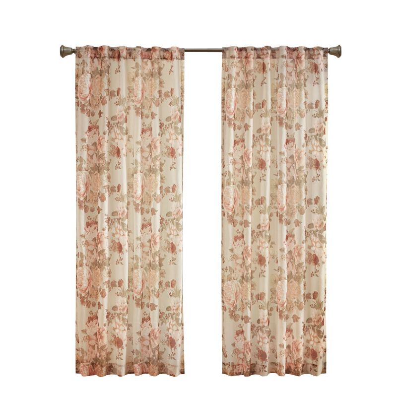 Simone Printed Floral Rod Pocket and Back Tab Voile Sheer Curtain, 1 of 9