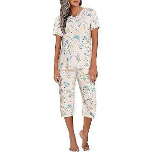 Ekouaer Women's Sleepwear Capri Pajama Sets Short Sleeve Two-Piece Pjs V Neck Tops & Capri Pants with Pockets - 1 of 4