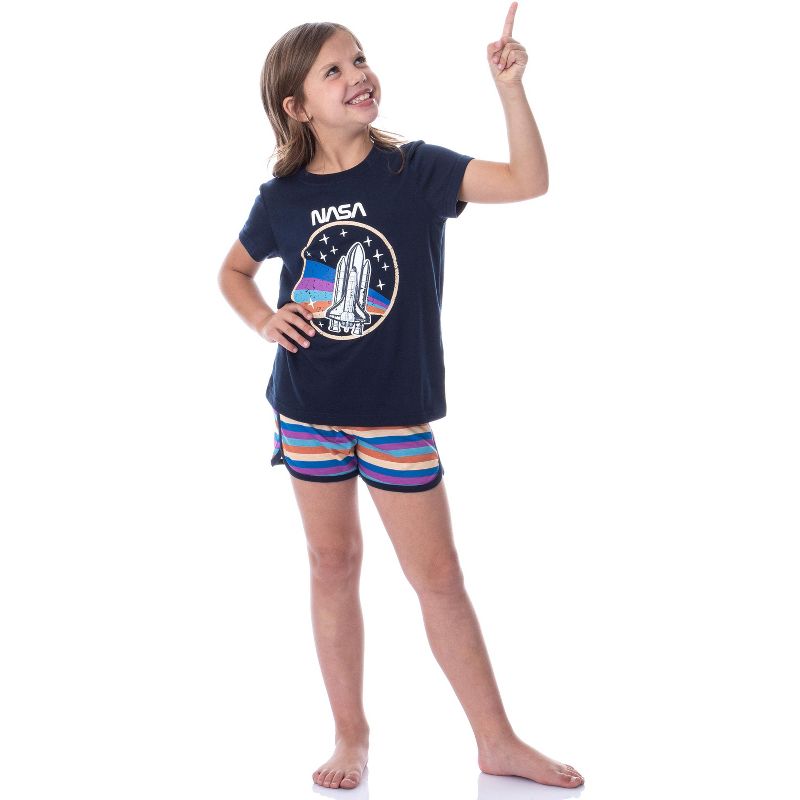 NASA Girls' Retro Stripes Rocket Sleep Pajama Set Shorts Crewneck Multicolored, 2 of 6