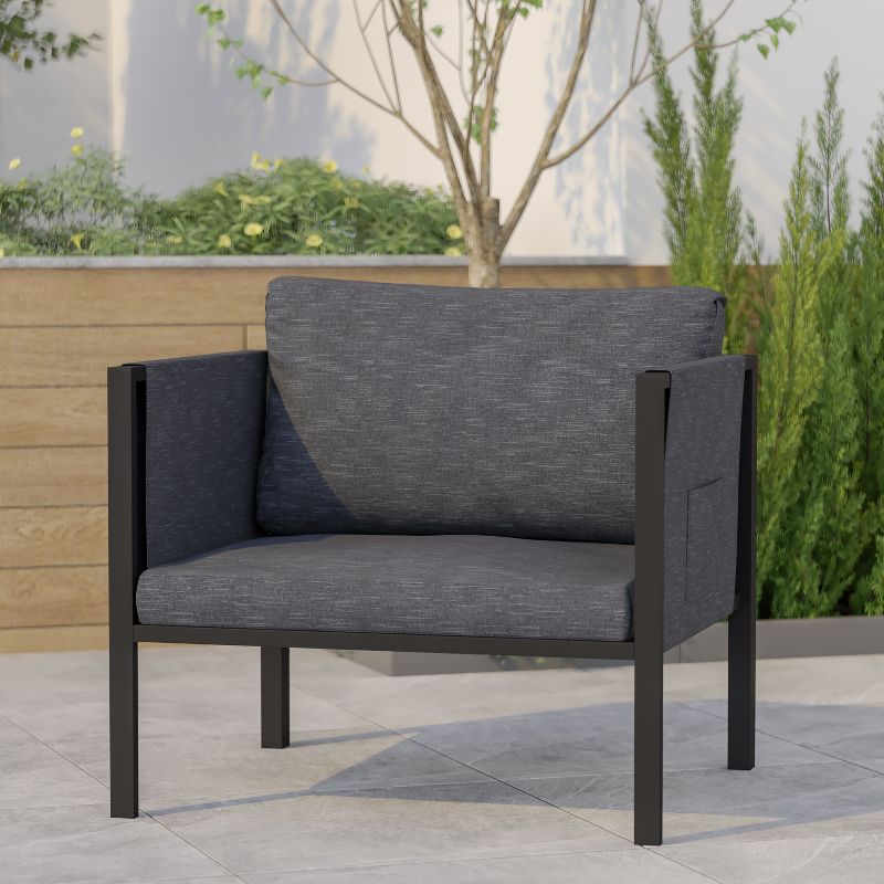 Emma and Oliver Indoor Outdoor Patio Lounge Chair, Steel Framed Club Chair with Cushions and 2 Storage Pockets, 2 of 10