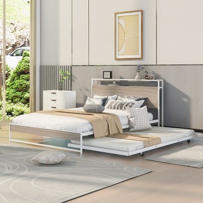 Okak Platform Bed Frame with Metal Slats Bed with Trundle USB Ports No Springs Required Easy Assembly