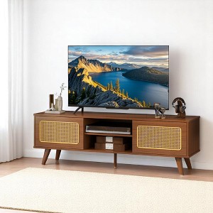 Mid-Century Modern Rattan TV Stand, Media Console Entertainment Cabinet, Solid Wood Legs & Rattan Doors, Suitable for 55/60/65 inch TV -Walnut - 1 of 4
