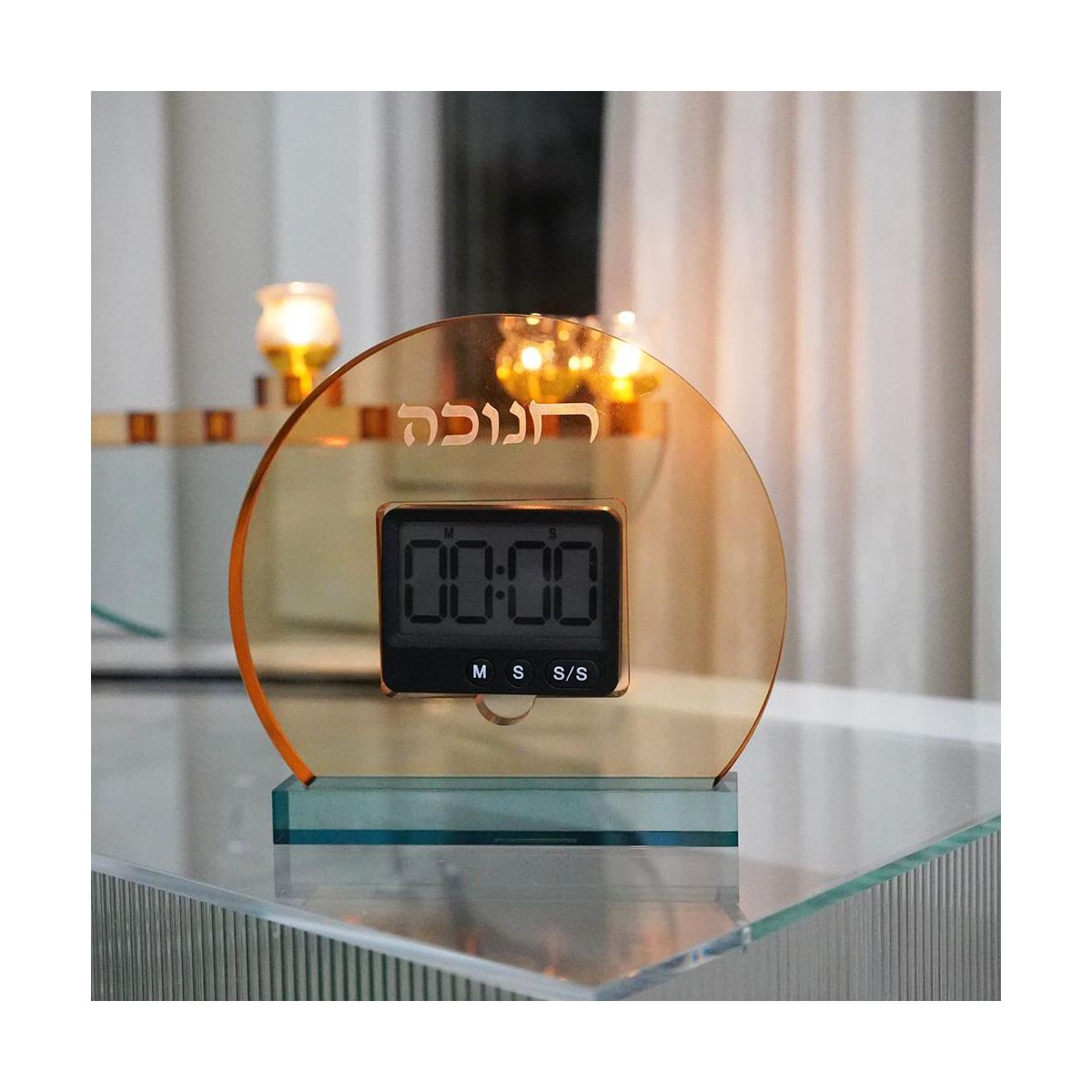 Amber & Teal Lucite Chanukah Timer White, Elegant Hanukkah Judaica Decor with Digital Clock Display - thumbnail 4