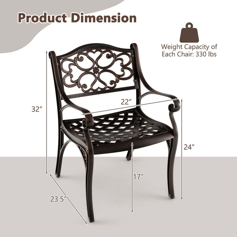 Costway 2/4 PCS Cast Aluminum Patio Chairs Set of 2 Outdoor Dining with Armrests & Curved Seats Bronze, 3 of 10