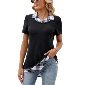 YESFASHION Women's Short Sleeve Contrast Collared Shirts Patchwork Work Blouse Tunics Tops - 1 of 4