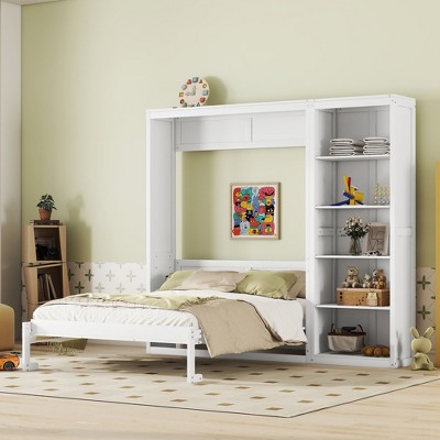 NicBex Queen Size Murphy Bed Wooden Bed Frame Morden Hideaway Wall Bed with 1 Side Storage Shelves for Bedroom