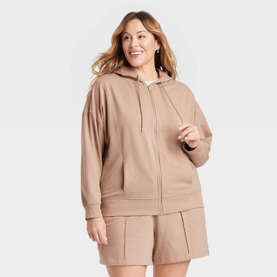 Women's Fleece Hooded Zip-Up Sweatshirt - Ava & Viv™ Brown XXL