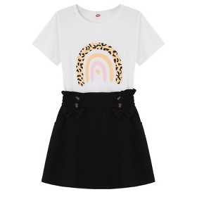 Girls 2pcs Cute Color Printed Short Sleeve Shirt and Elastic High Waist Bow A-line Skirt Sets - 1 of 4