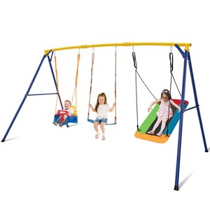 Costzon 660 lbs Swing Set for Backyard, 3-in-1 Heavy Duty Metal Frame with Platform Swing, Belt Swing, Baby Swing, Indoor/Outdoor Playset for Kids - 1 of 4